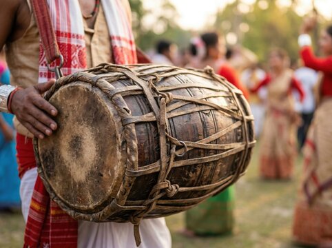 Male musician holding traditional wooden drum with intricate rope binding during cultural festival celebration in outdoor setting with dancers in background