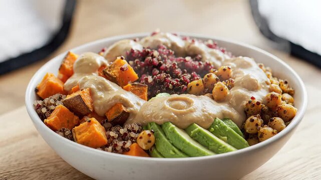 Close up of a colorful vegan meal in a white bowl