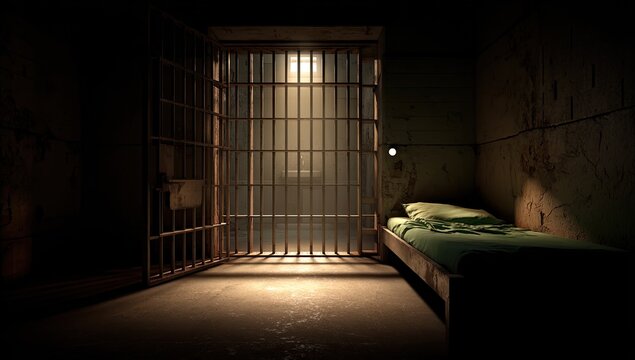 Dimly lit prison cell with an open barred door, a simple bed, and textured walls