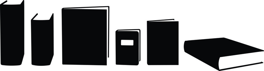 Book silhouettes collection, upright and leaning books, open pages, literature icons, school design elements, reading symbols, academic illustration bundle set © Habiba