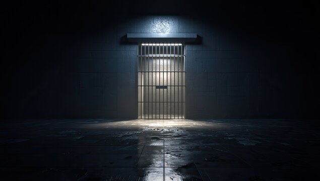 Dark, stark prison cell with barred door illuminated by a single light