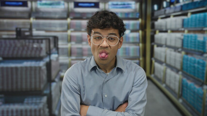 Obraz premium Man with glasses and tongue out frames face with fingers amid crowded store shelves in a building; playfulness.