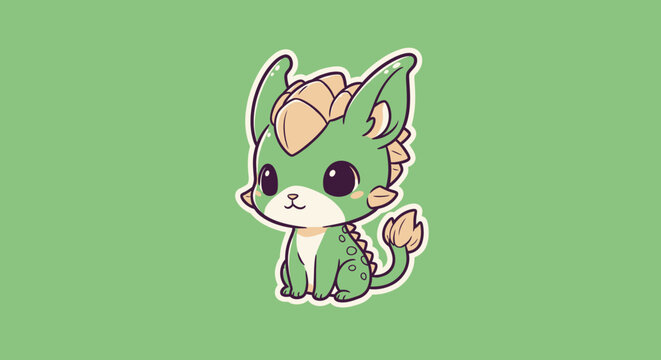 Cute cartoon dragon character sitting alone on a green background viewed from the side, illustration.