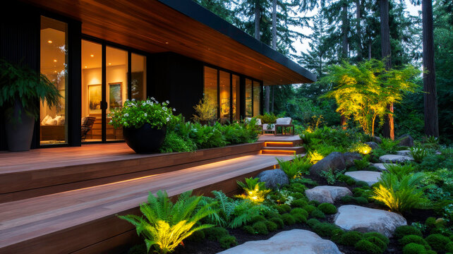 Modern Outdoor Living Space with Ipe Hardwood Decking and Shaded Rock Garden