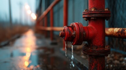 Fototapeta premium A close-up of a vibrant red fire hydrant with water droplets trickling from its side, set against a moody industrial background, evoking a sense of urban grit and functionality.