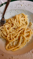 Close-up of traditional Italian pasta dish from Roman cuisine.