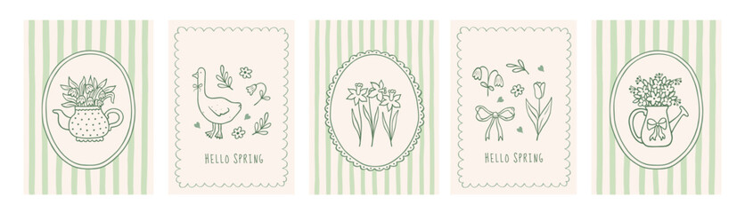 Naklejka premium Spring vintage coquette floral cards. Posters with hand drawn whimsical line frames, bow, cute goose, tulip, daffodil, watering can, teapot with adorable flowers in green colors. Vector illustration.