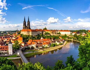 Obraz premium Scenic view of a European town with red-roofed buildings, a river, and a large cathedral