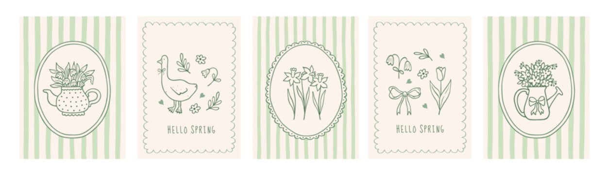 Spring vintage coquette floral cards. Posters with hand drawn whimsical line frames, bow, cute goose, tulip, daffodil, watering can, teapot with adorable flowers in green colors. Vector illustration.