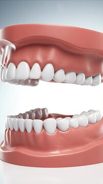 CGI visualization of healthy upper and lower human jaws showcasing perfect white teeth and pink gums with a neutral clean background ideal for dental education and healthcare presentations