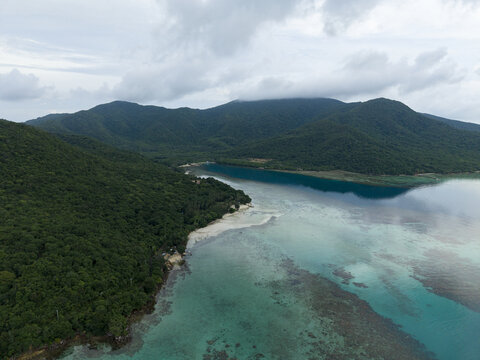 Aerial view of the vibrant turquoise waters meeting the lush green coastline near Bobby Beach, Karimunjawa, Central Java, Indonesia.