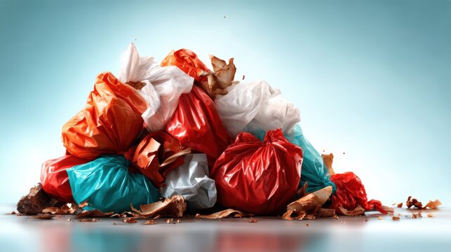 A visually striking arrangement of colorful garbage bags piled together, symbolizing waste and environmental issues, provoking thoughts about consumption and recycling.