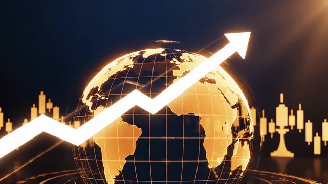 Glowing digital world globe with a rising arrow trend line and candlestick chart in the background. global market growth, international financial investment, and economic expansion.