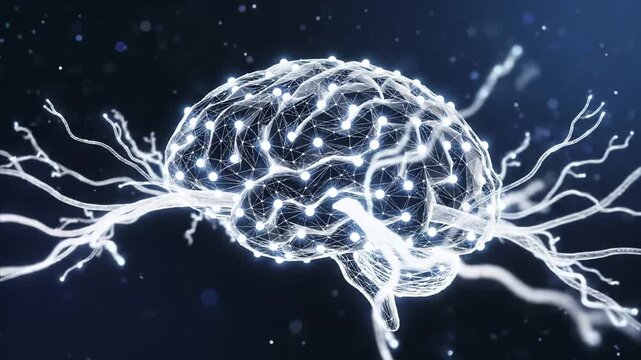 Digital wireframe brain with glowing neural nodes and branching synaptic connections on a dark background.  artificial intelligence, neuroscience, deep learning, and cognitive computing technology.