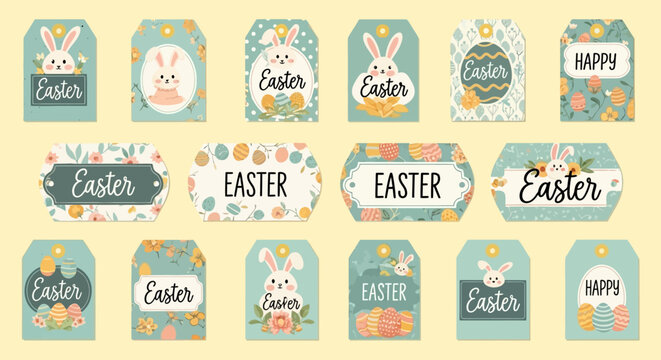 Collection of Easter-themed labels and tags with bunnies and flowers in a flat design style