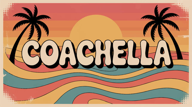 Vibrant coachella inspired festival poster with palm trees sunset background and wavy lines in pink blue yellow and orange hues evoking a fun summer music event vibe