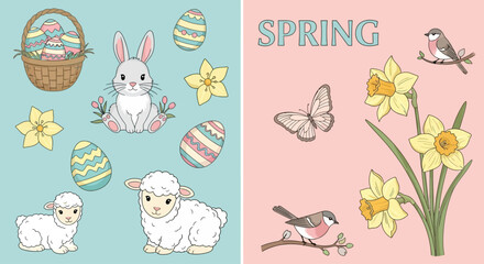 Spring scene with lamb, bunny, and flowers in a vibrant illustration featuring daffodils, birds, butterflies, and Easter eggs