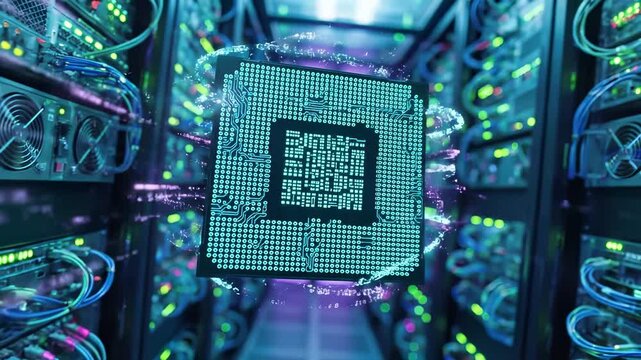 Glowing digital cpu chip floats in the center performance server room corridor filled with cables, rack units, and blinking lights. data processing power, computing infrastructure, advanced technology