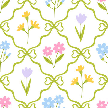 Cottagecore preppy floral seamless pattern with bow frame and colorful blossom. Damask design with tulip, daisy. Spring coquette textile design for fabric, wallpaper, wrapping