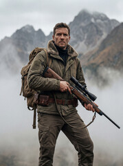 Man standing with rifle and backpack in mountainous foggy landscape  