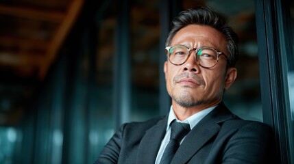Fototapeta premium A poised businessman with glasses stands confidently, arms crossed and a determined expression, encapsulating professionalism and modern business culture in a contemporary setting.