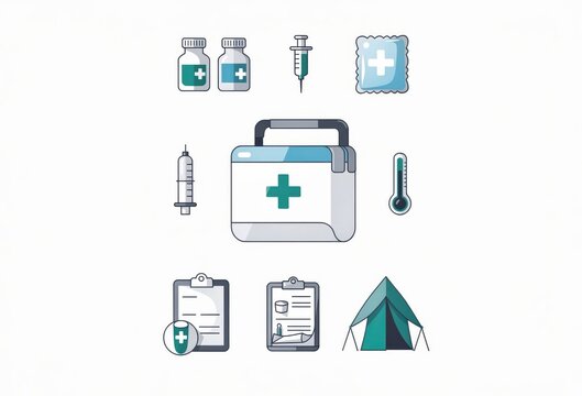 Comprehensive medical kit iconography showcasing healthcare essentials including syringes, medicine bottles, thermometers, and medical clipboards emphasizing well being and safety in health