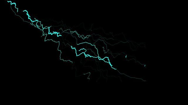 Electric thunderstorm flash fx energy explosion with glowing blue lightning bolts and spark burst overlay, dynamic 2d cartoon boom effects on transparent alpha and black screen background loop 4k