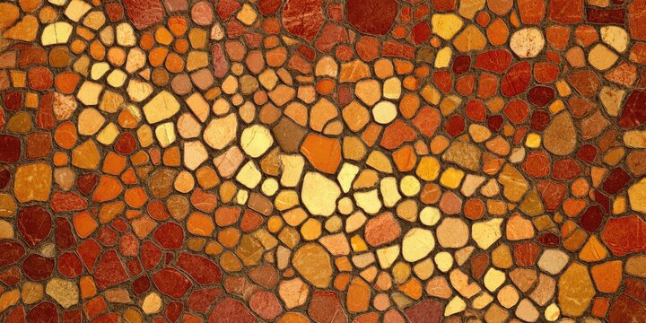 Overhead view of a mosaic made of small, irregular stones in warm earth tones