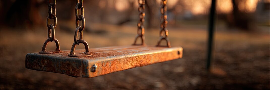 A weathered swing set, its wooden seat and chains hanging against a blurred, golden-lit background