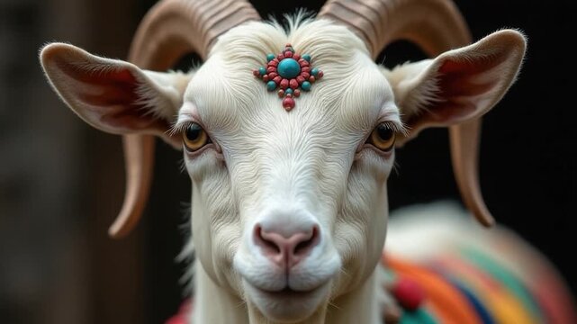Close-up shot of a goat wearing a vibrant blanket, perfect for agricultural or nature-themed projects