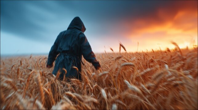 A solitary figure in a dark coat walks through a golden wheat field under a dramatic dusk sky, embodying themes of reflection, solitude, and the beauty of nature's transition.