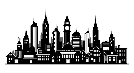 Modern city skyline at night black and white vector illustration urban landscape