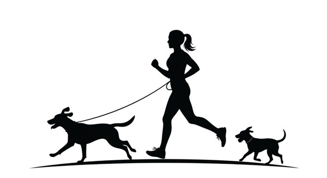 Silhouette of a woman jogging with her pets