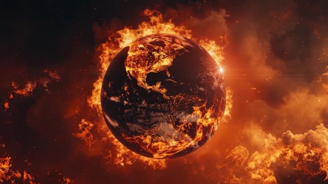 A planet engulfed in flames, conveying catastrophic destruction and chaos