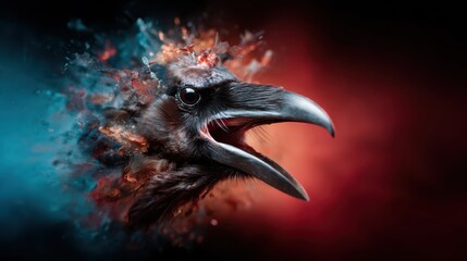 Fototapeta premium An artistic representation of a bird's head emerges from vibrant colors and textures, illustrating a dynamic explosion of creativity and energy in a bold visual style.