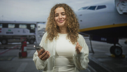Woman holding smartphone and smiling while looking at the screen at airport tarmac beside a jet;...
