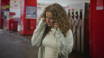 Woman holding smartphone to ear, hand pressed to head, curly hair and pained expression beside gas station pumps on street forecourt  concern. © Krakenimages.com