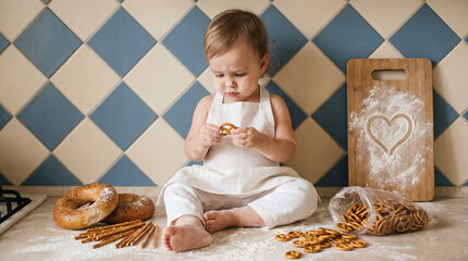 Baby sitting on kitchen floor and playing with pretzel snack