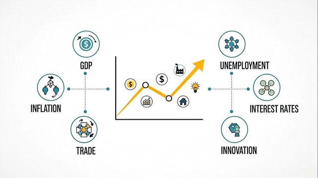 Economic infographic showing key indicators like GDP, inflation, trade, unemployment, interest rates, and innovation with connecting arrows on an isolated white background.