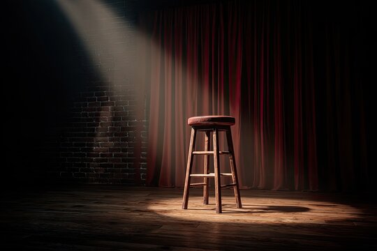 Spotlight illuminates stool on wooden stage before red velvet curtain