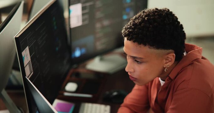 Programmer, code and woman with computer screen in office for web development, review or algorithm. Reading, person or software developer in workplace for problem solving, backend project or research