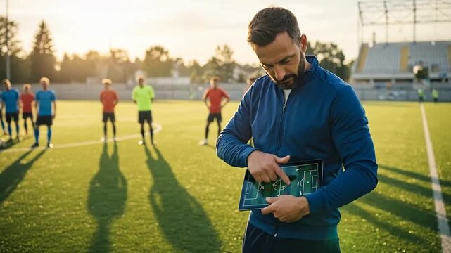 Focused male soccer coach looking at a digital tactics board on a green football field at sunset.