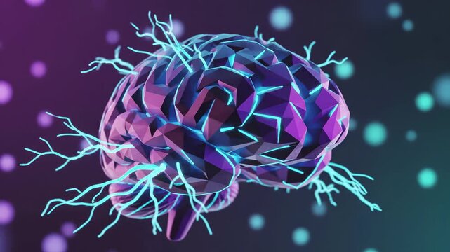 Abstract low poly digital brain with glowing neural connections and synaptic branches. Artificial intelligence, neuroscience, and cognitive technology . Mental computation and deep learning.
