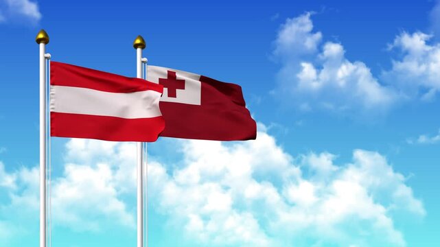 Waving flags of AUSTRIA and TONGA on pole included with alpha