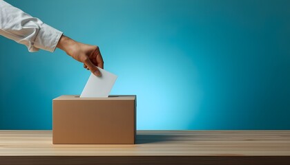 A hand casting a ballot into a cardboard box on a wooden table against a blue background
