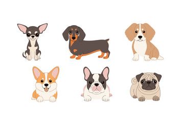 Obraz premium Six cute cartoon dogs of various popular breeds are illustrated in a charming, simple, and friendly style, perfect for children's designs.