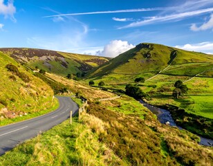 Rolling green hills and a winding road under a bright blue sky with wispy clouds