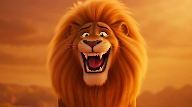 Animated lion with expressive face and golden mane roaring in a sunny landscape digital rendered cartoon wildlife
