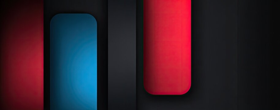 An abstract composition featuring rounded rectangles in various hues against a dark background, a graphic design