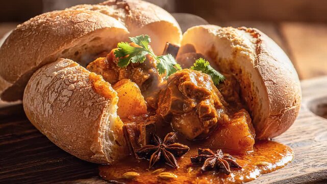 Delicious food presentation with savory stew served inside fresh bread bowl